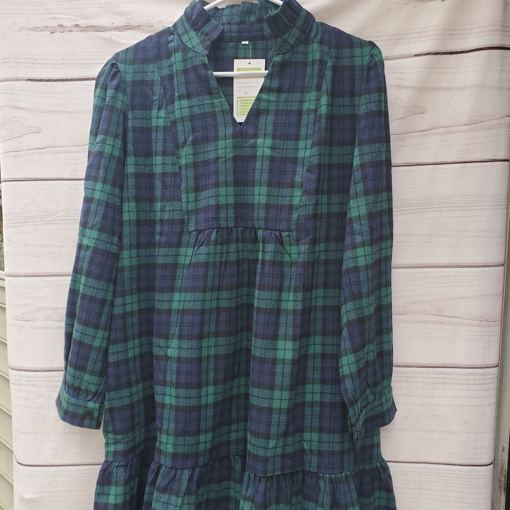 Green Navy Plaid Babydoll Dress Long Sleeve Ruffle Neck Tiered Tartan XL NEW